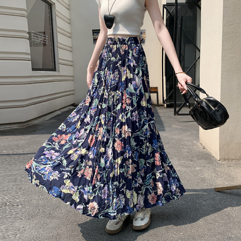 花柄ファッション 華やか花模様プリーツロングスカート