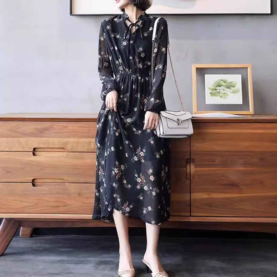 花柄ファッション 花柄シフォン リボンタイ ミディ丈ワンピース
