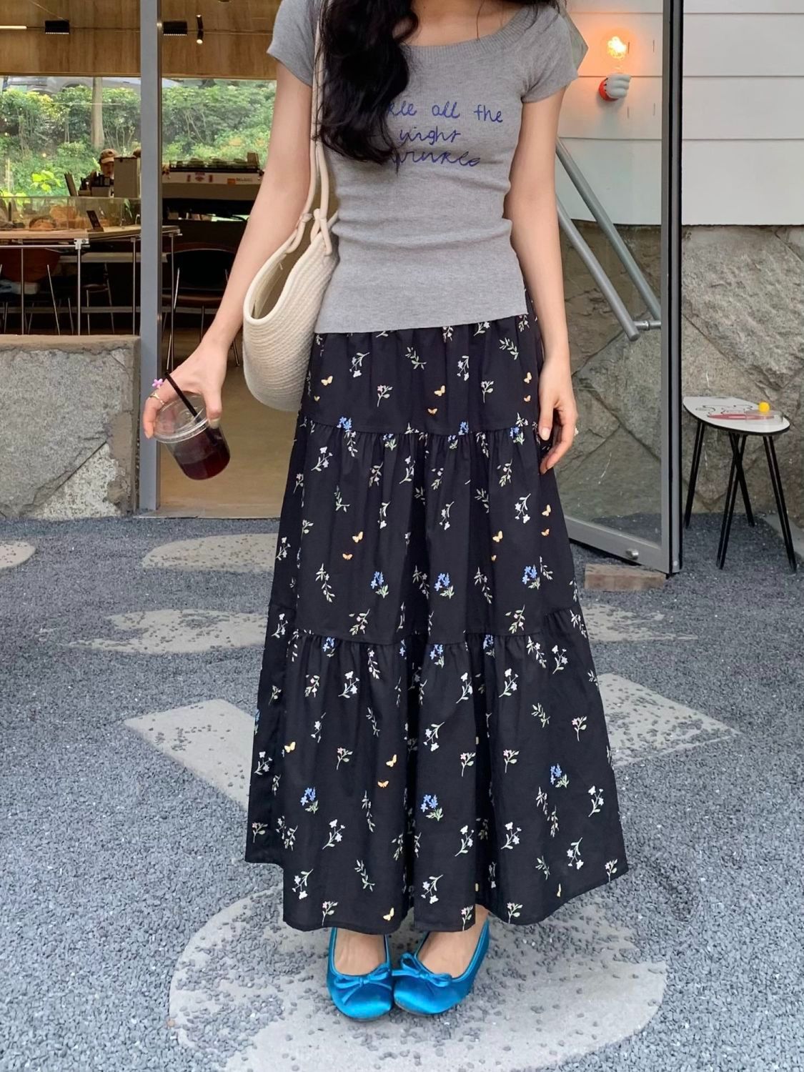 花柄ファッション 花柄ティアードロングスカート