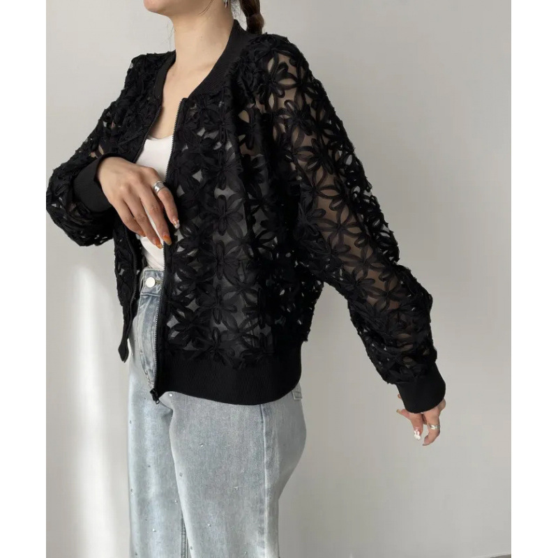 花柄ファッション 立体花模様ジップアップボンバージャケット