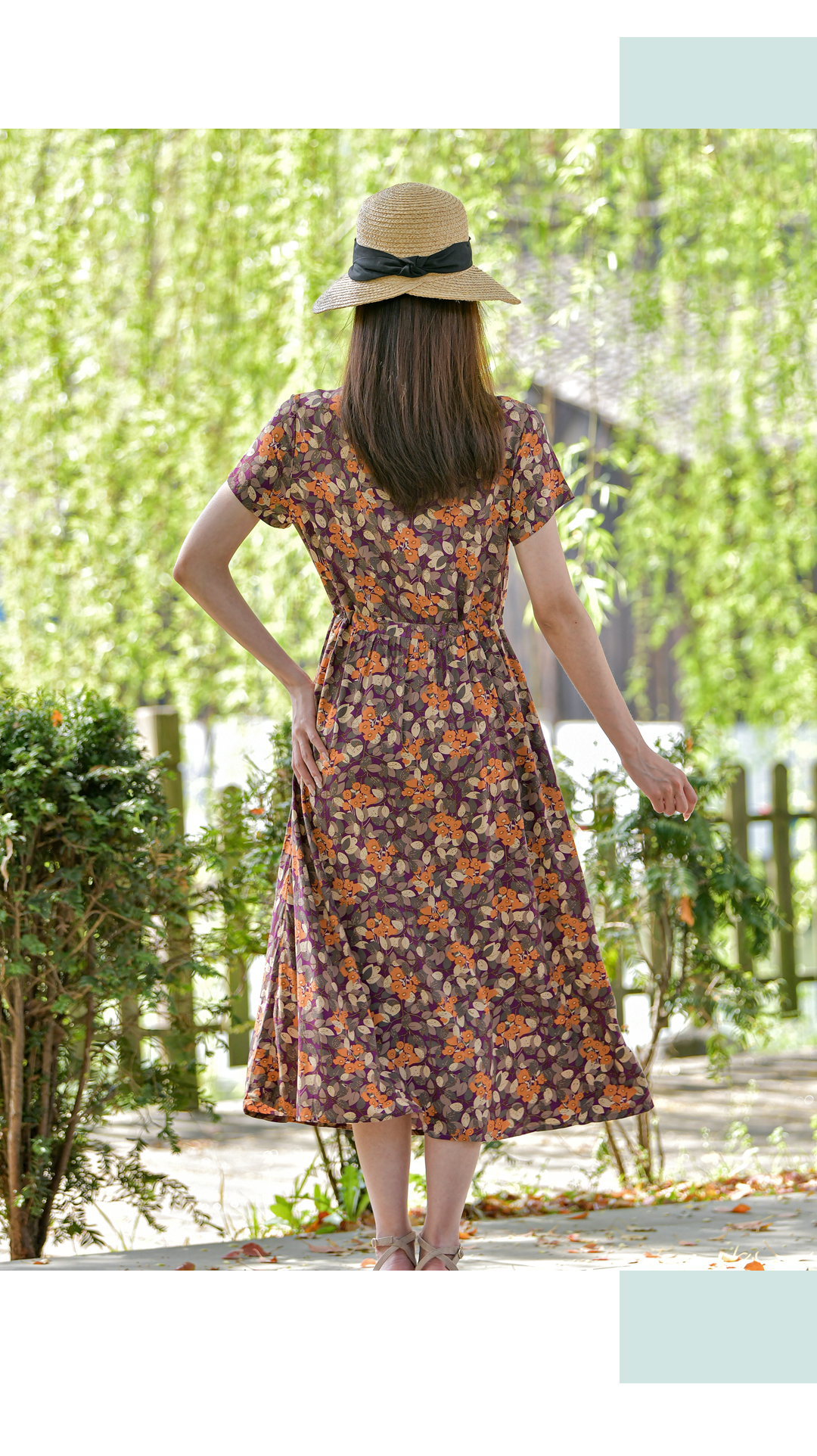 花柄ファッション 季節の花々 ミディ丈ギャザーワンピース