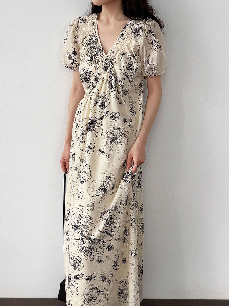 花柄ファッション Vネック花柄シャツワンピース