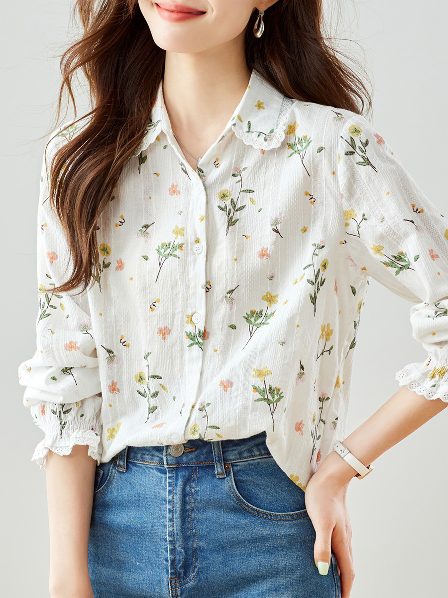 花柄ファッション 草花模様の透け感シャツ