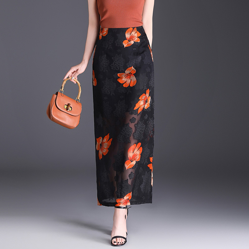透かし花柄シースルーロングスカート