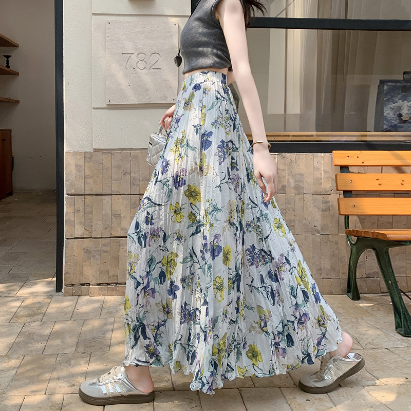 花柄ファッション 華やか花模様プリーツロングスカート