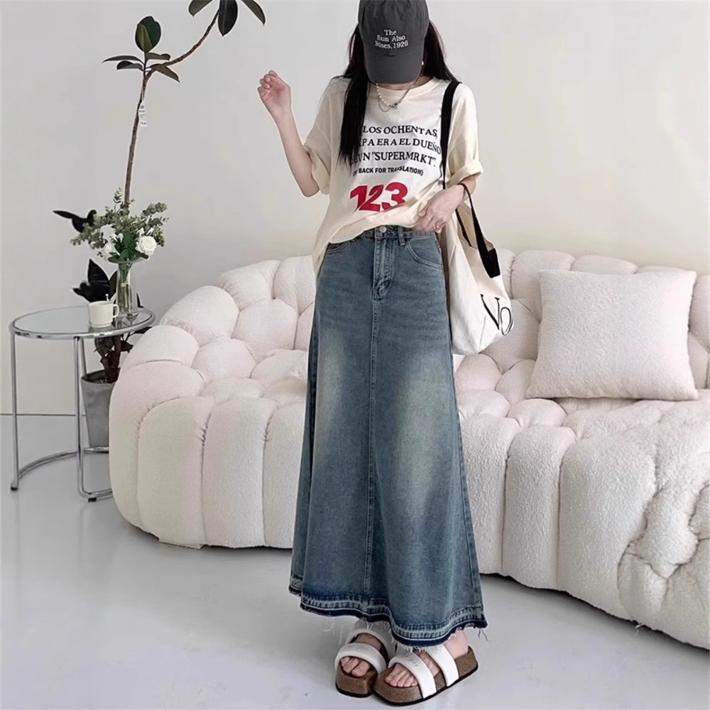 デニムファッション ゆったりAライン デニムロングスカート