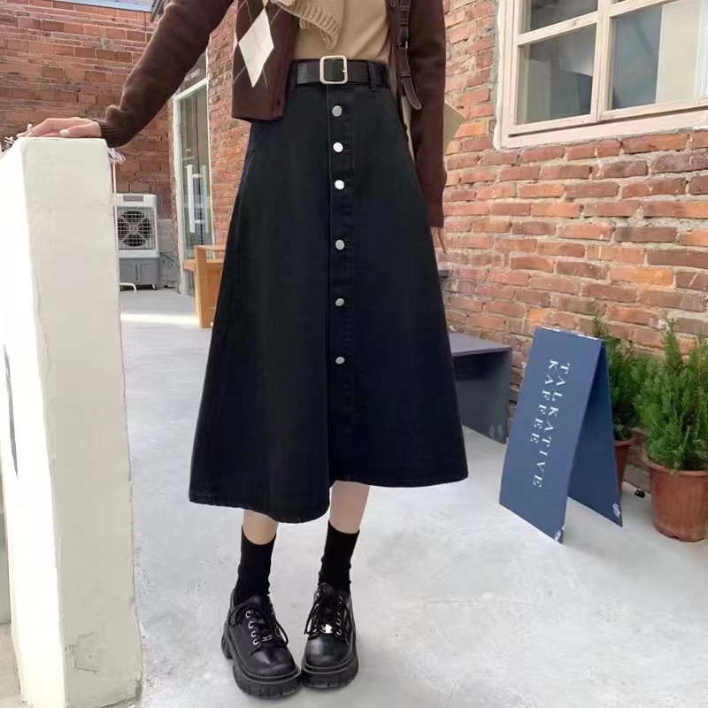 デニムファッション 前開きデニムフレアースカート
