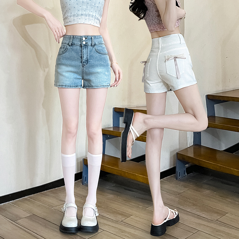 デニムファッション リボン付きデニムショートパンツ