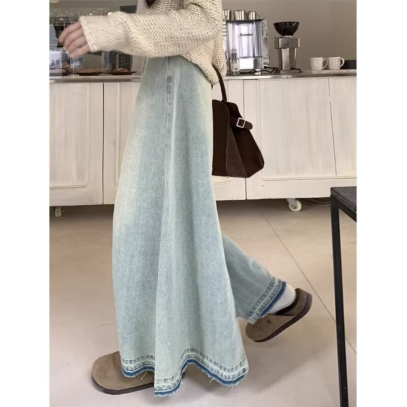 デニムファッション 長さゆったりマキシ丈デニムスカート