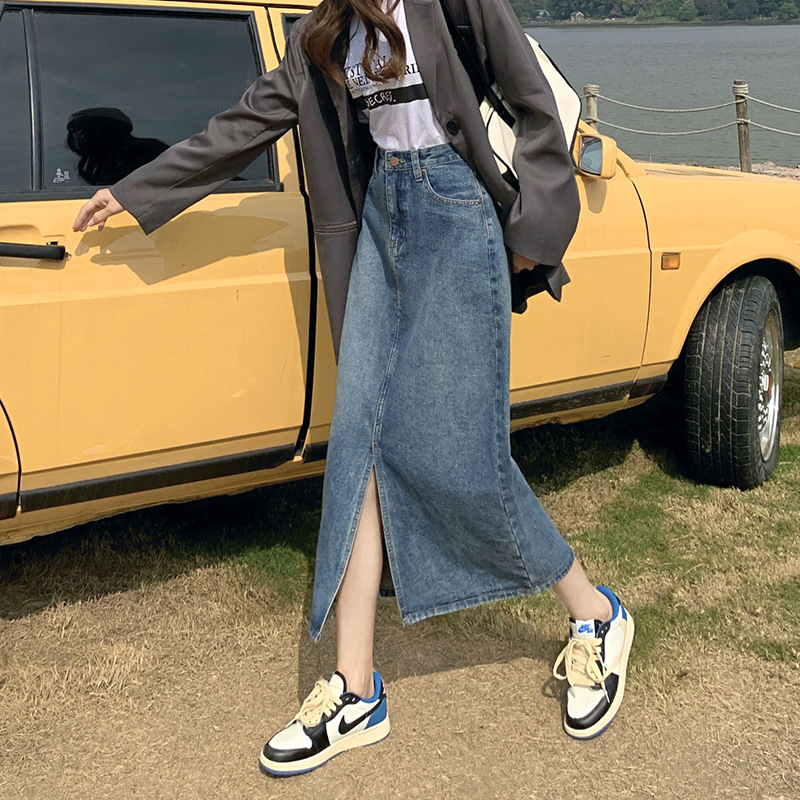デニムファッション ロングデニムスカート 前スリット