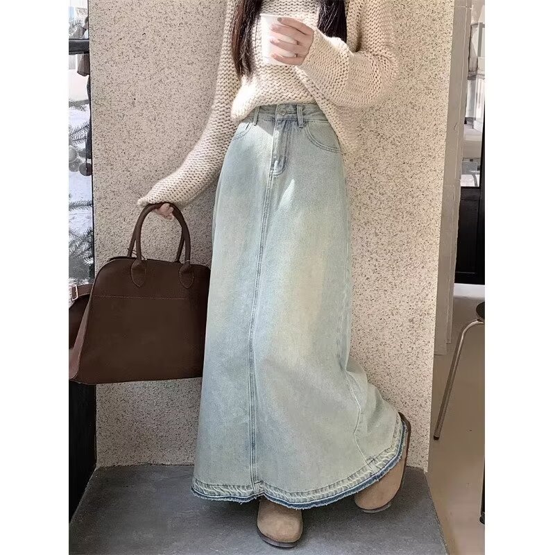 デニムファッション 長さゆったりマキシ丈デニムスカート