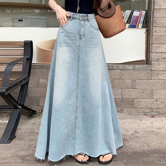 デニムファッション フレア広がり美シルエットロングスカート