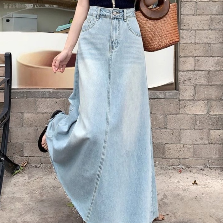 デニムファッション フレア広がり美シルエットロングスカート