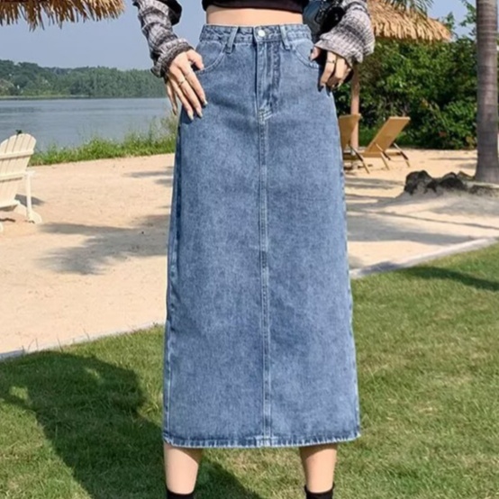 デニムファッション ロング丈ミディデニムスカート