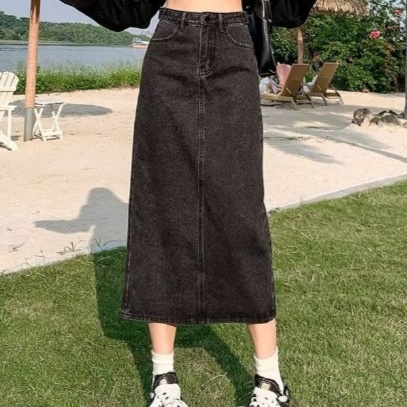 デニムファッション ロング丈ミディデニムスカート