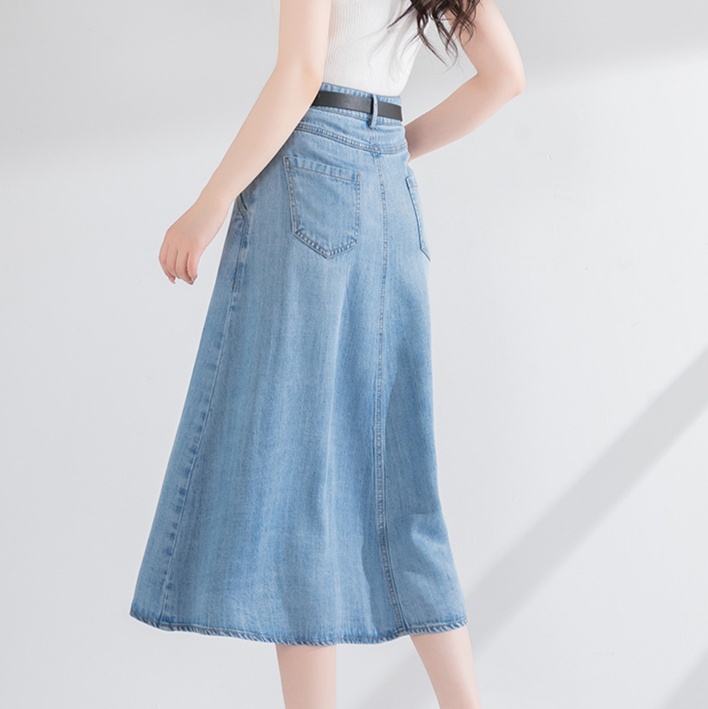 デニムファッション 優美シルエットデニム膝丈フレアースカート