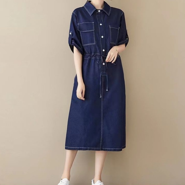 デニムファッション ウエストリボン付きデニムシャツワンピース