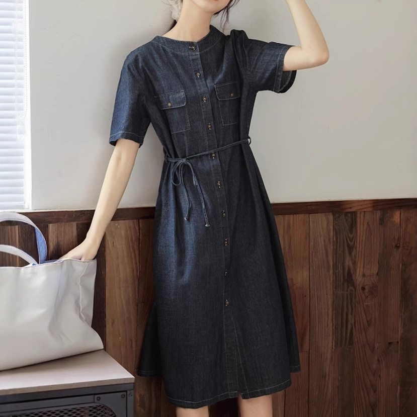 デニムファッション ゆったりシルエット 前開きデニムワンピース