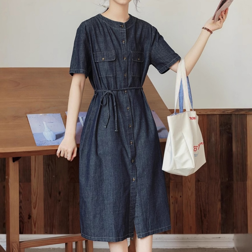 デニムファッション ゆったりシルエット 前開きデニムワンピース