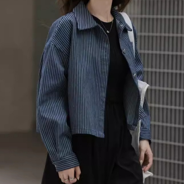 デニムファッション 縞模様のゆったりショート丈ジャケット