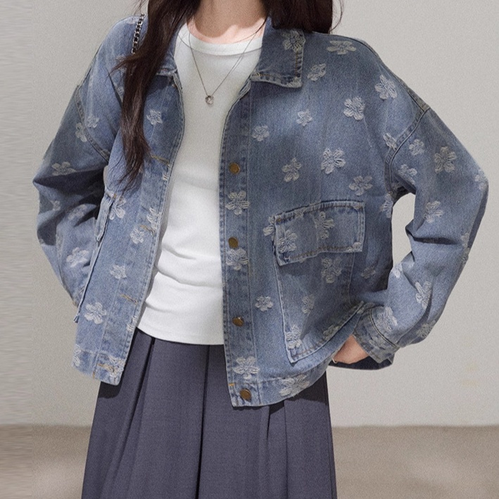 デニムファッション 花柄刺繍入りゆったりデニムジャケット