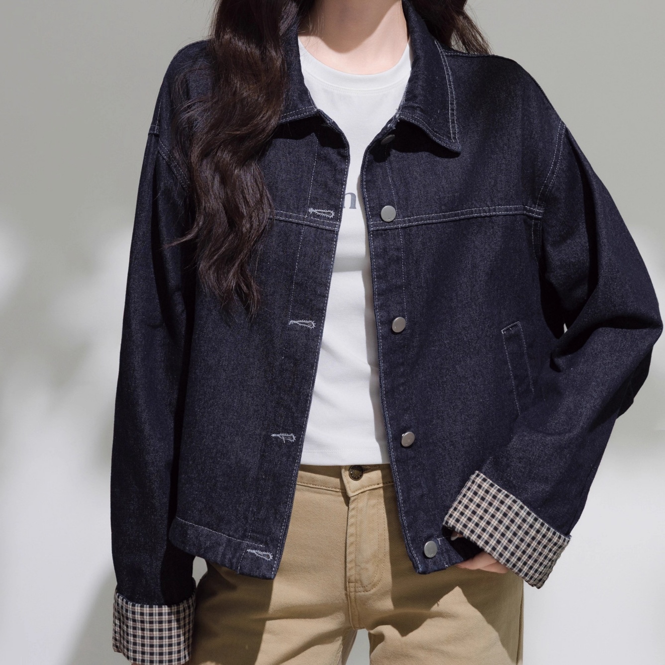デニムファッション チェック袖口デニムジャケット