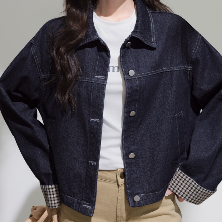 デニムファッション チェック袖口デニムジャケット