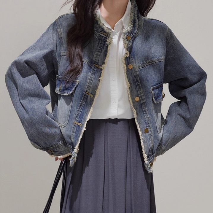 デニムファッション ヴィンテージ風フリンジデニムジャケット