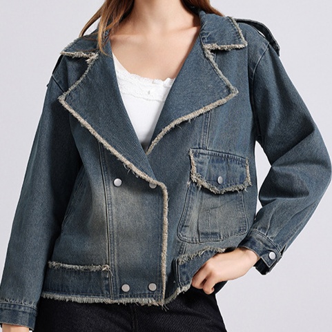 デニムファッション 裾フリンジ加工 モダンデニムジャケット