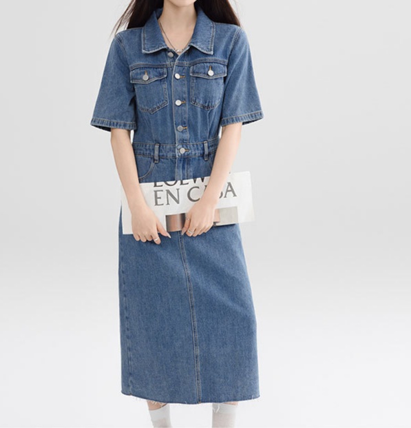 デニムファッション すっきりシルエット 半袖デニムワンピース