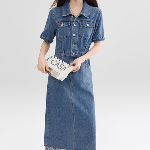 デニムファッション すっきりシルエット 半袖デニムワンピース