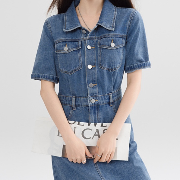 デニムファッション すっきりシルエット 半袖デニムワンピース