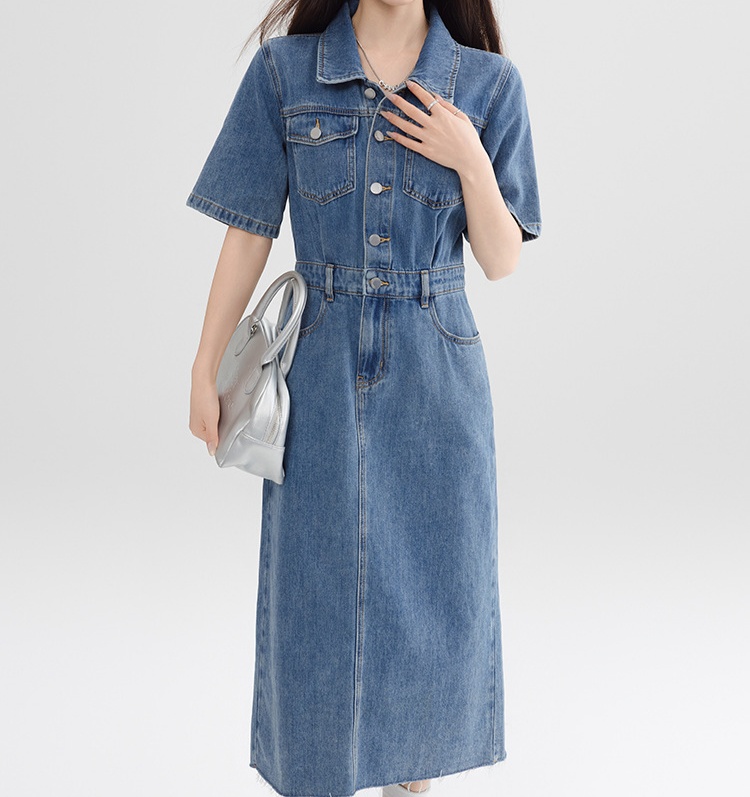 デニムファッション すっきりシルエット 半袖デニムワンピース