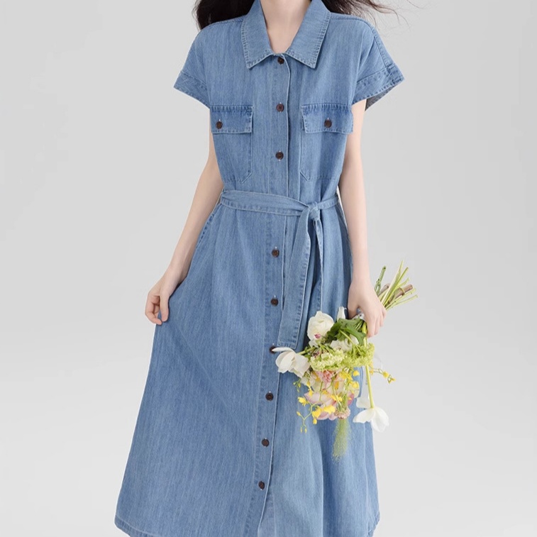 デニムファッション こだわり胸ポケット付きシャツデニムワンピース