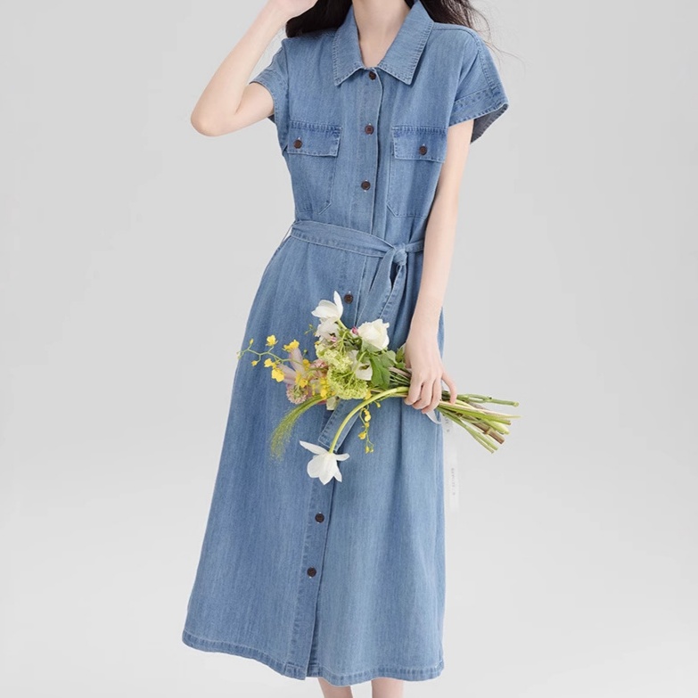 デニムファッション こだわり胸ポケット付きシャツデニムワンピース