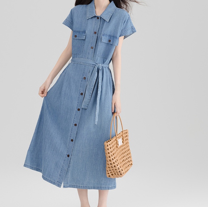 デニムファッション こだわり胸ポケット付きシャツデニムワンピース