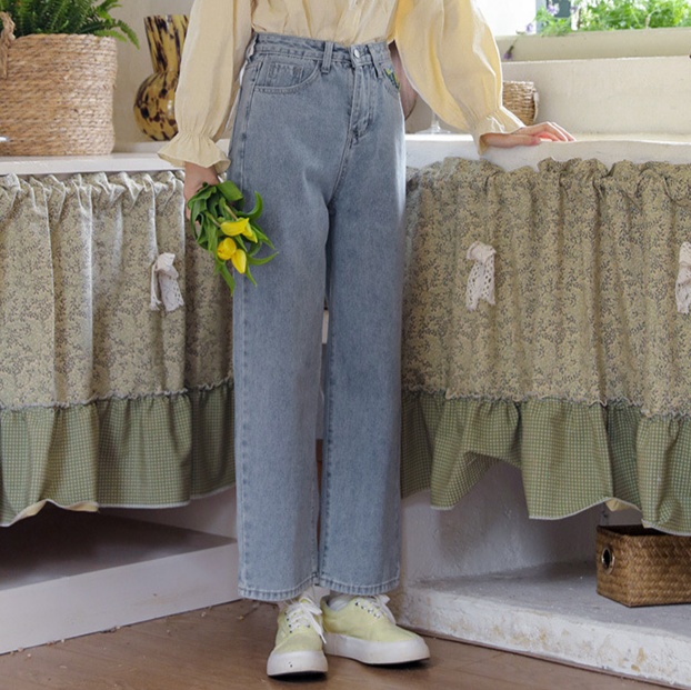 デニムファッション 花刺繍デニム 夏色ワイドパンツ