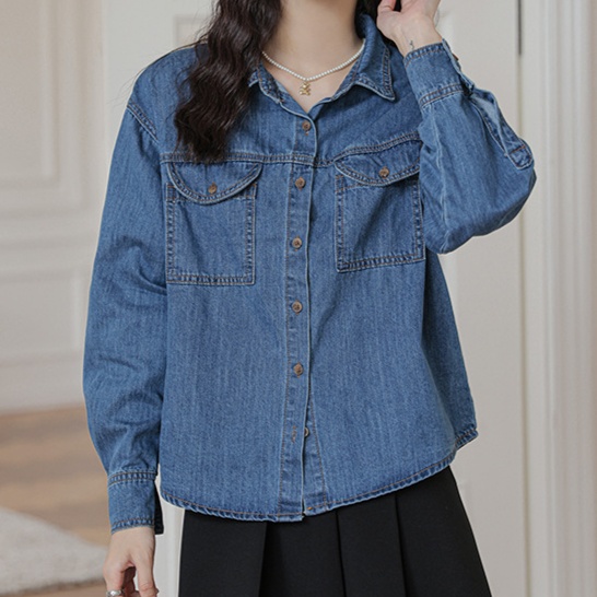 デニムファッション ゆったりシルエット 胸ポケット付きデニムシャツ