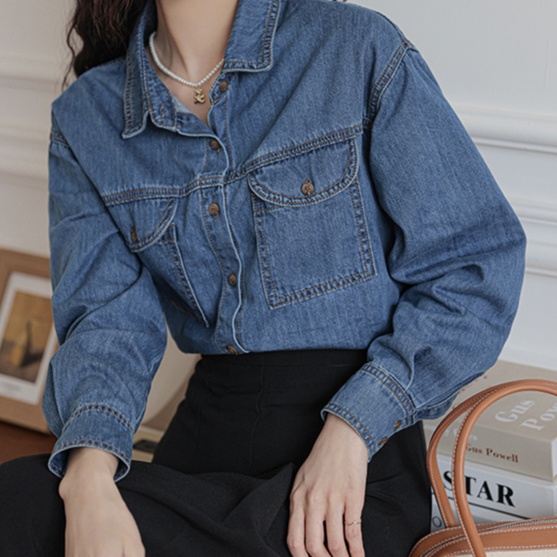 デニムファッション ゆったりシルエット 胸ポケット付きデニムシャツ