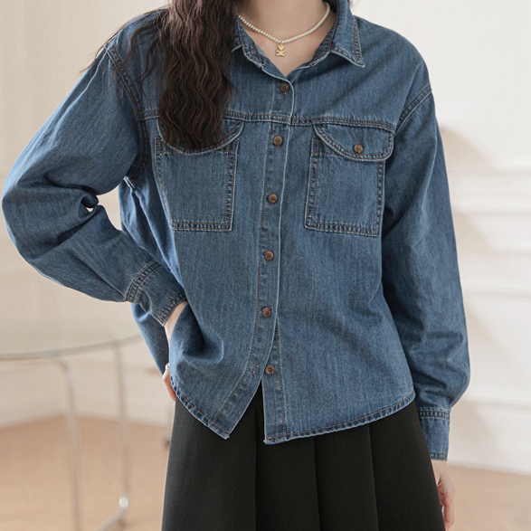 デニムファッション ゆったりシルエット 胸ポケット付きデニムシャツ