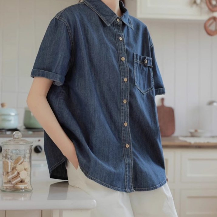 デニムファッション ゆったりシルエット半袖デニムシャツ