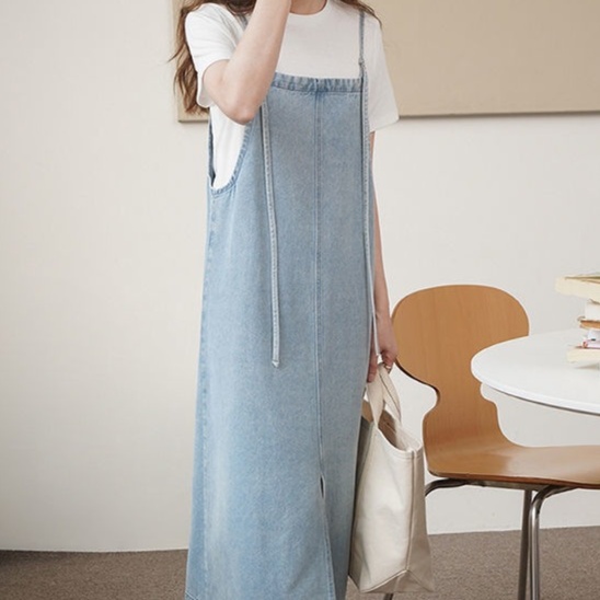 デニムファッション シンプル細ストラップデニムマキシワンピース