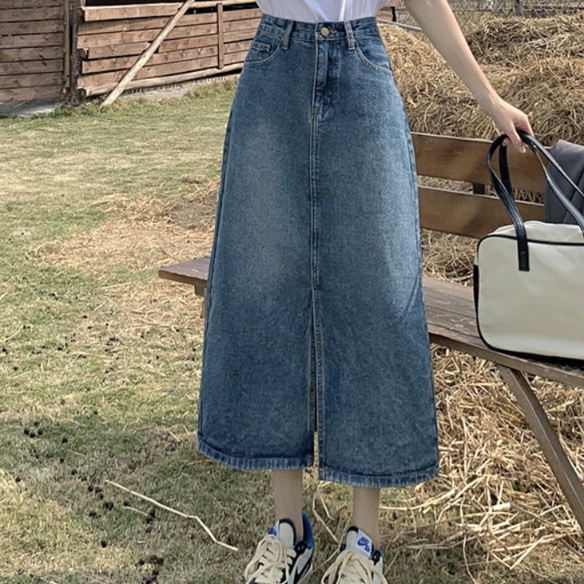 デニムファッション ロングデニムスカート 前スリット