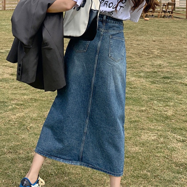 デニムファッション ロングデニムスカート 前スリット