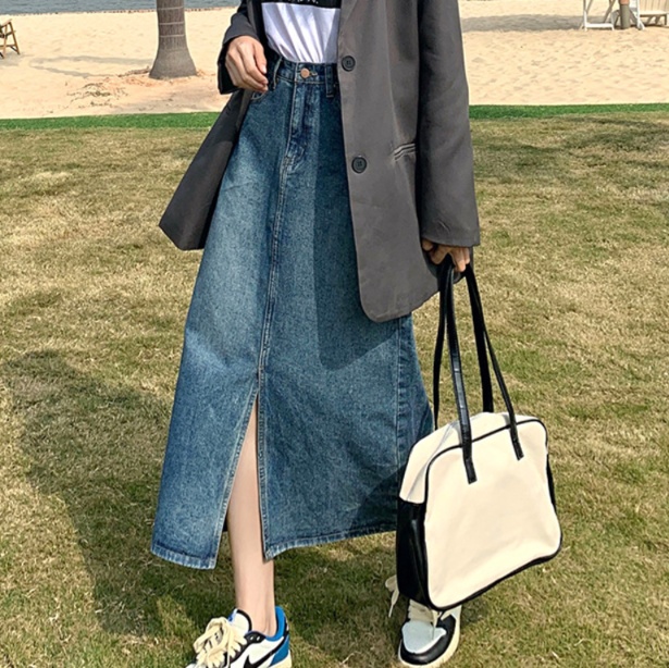 デニムファッション ロングデニムスカート 前スリット