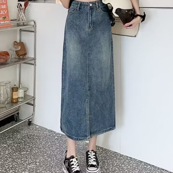 デニムファッション スリット入り ロングデニムスカート