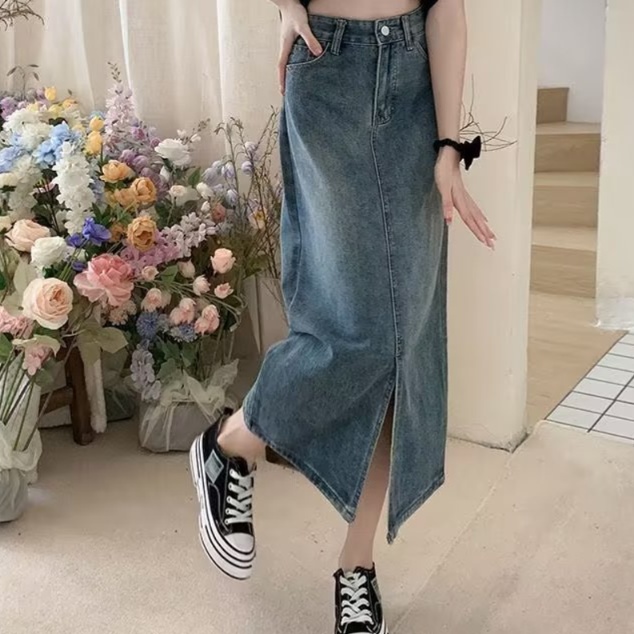 デニムファッション スリット入り ロングデニムスカート