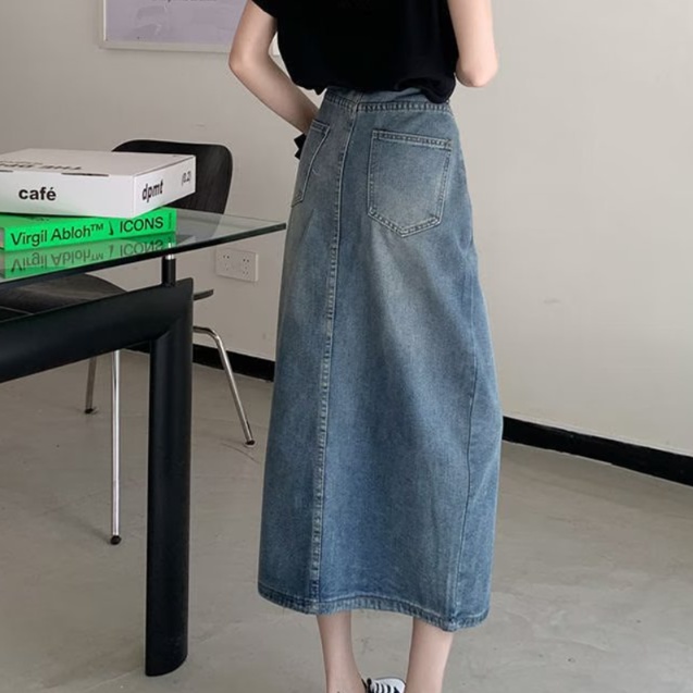 デニムファッション スリット入り ロングデニムスカート