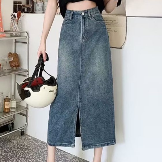 デニムファッション スリット入り ロングデニムスカート