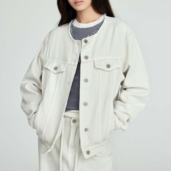 デニムファッション ノーカラー デニム ジャケット